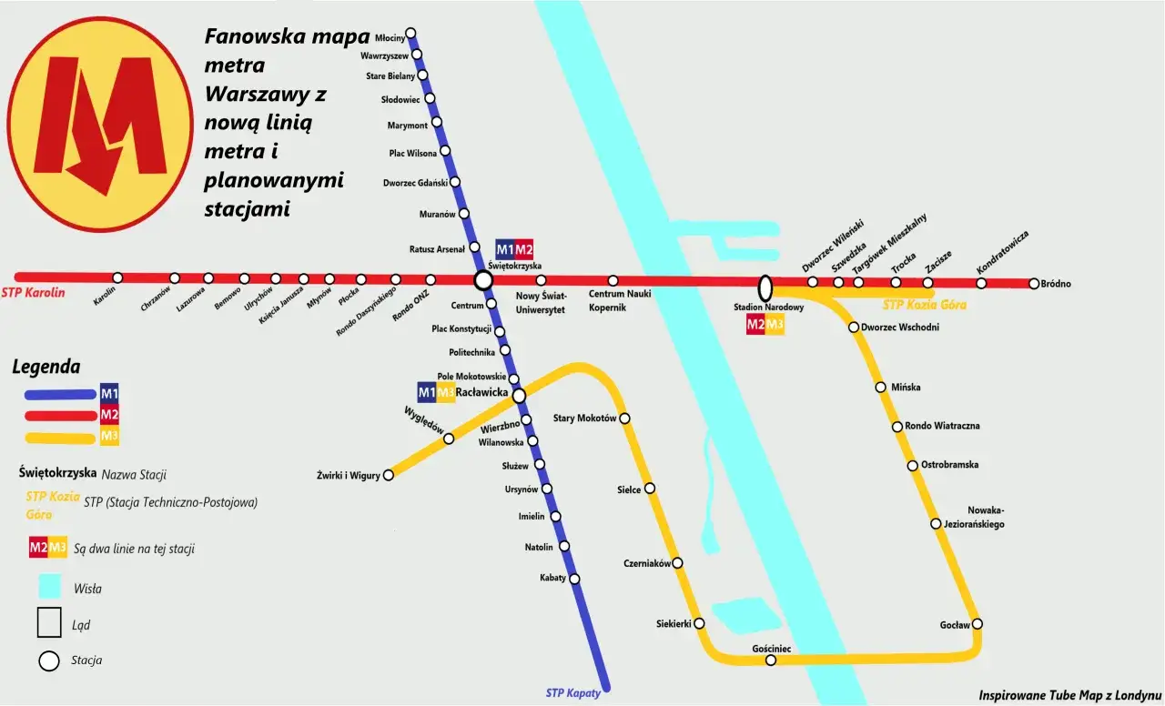 Mapa metra Warszawy z liniami M1, M2 i M3, pokazująca planowane stacje. Trasa metra M2 przecina Wisłę.