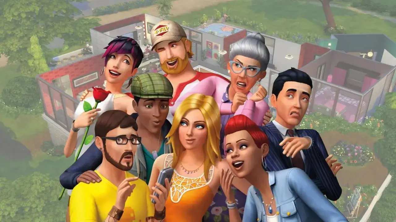 Grupa Simów z The Sims 4, gra dostępna za darmo, cieszy się życiem w nowoczesnym domu.