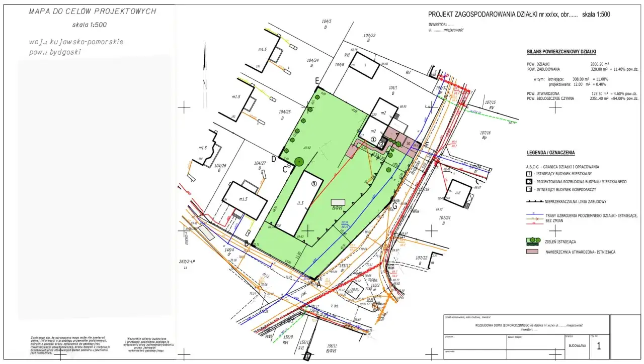 Mapa do celów projektowych przedstawia miejski plan zagospodarowania przestrzennego dla działki w województwie kujawsko-pomorskim, powiecie bydgoskim.