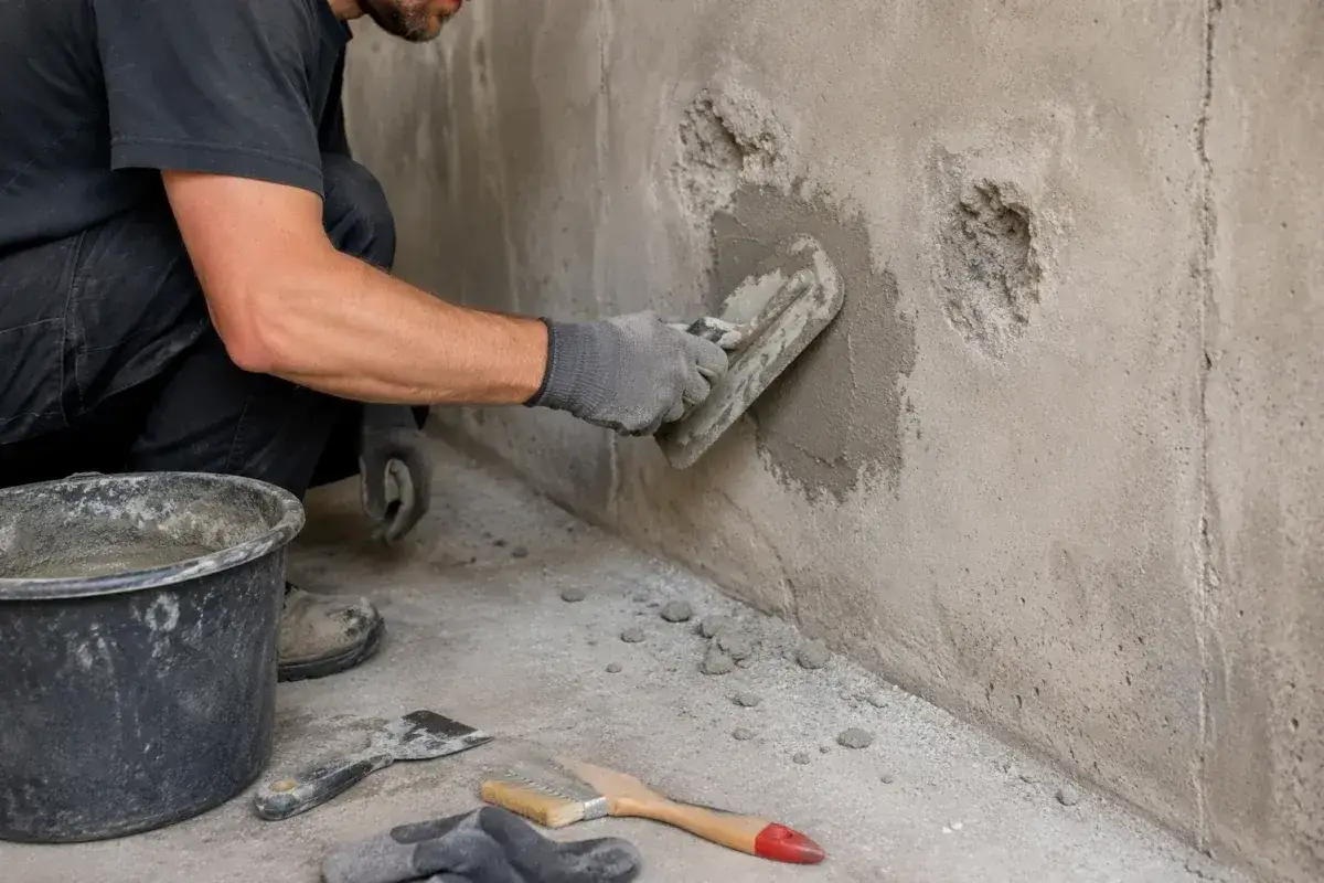 Pracownik w rękawicach nakłada zaprawę na uszkodzony beton, wykonując naprawę na zewnątrz.