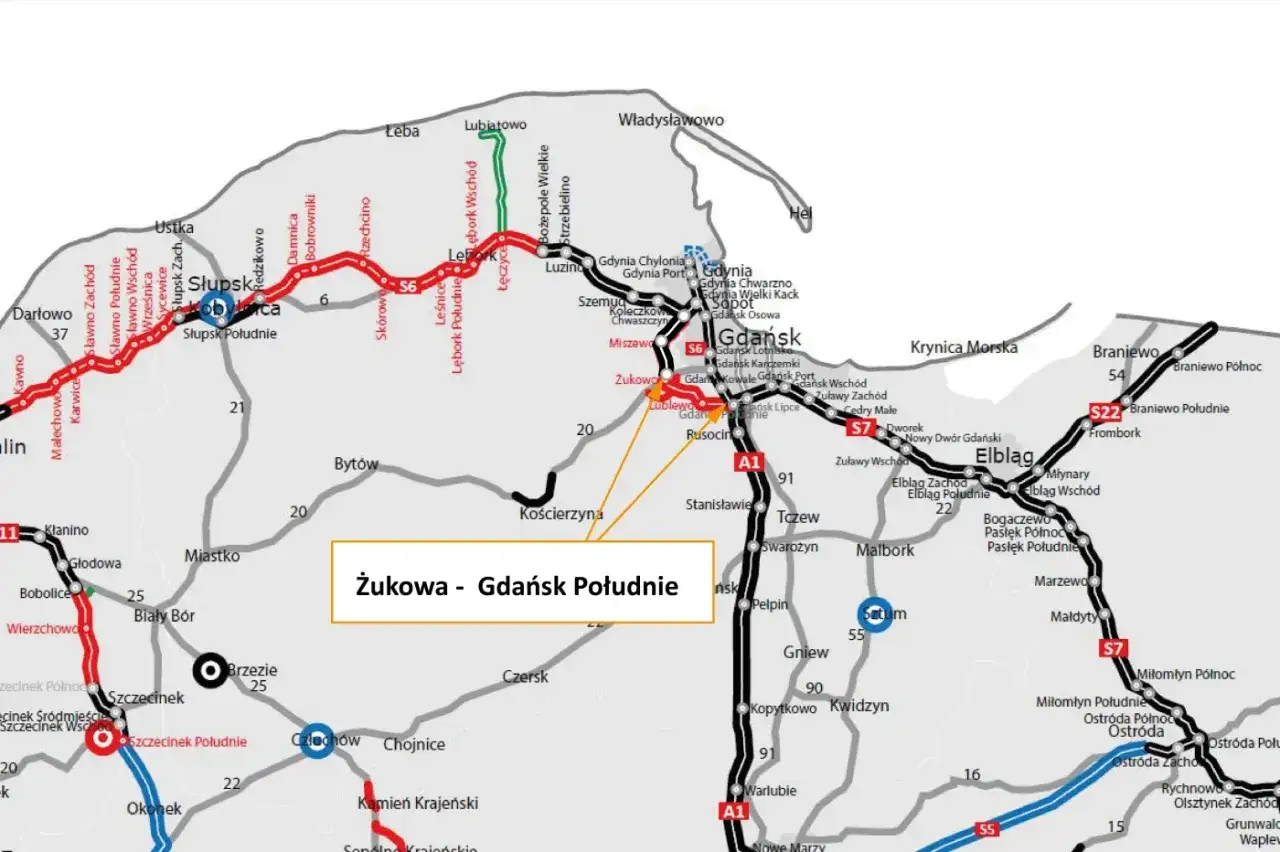 Mapa pokazuje drogę ekspresową S7 z zaznaczonym odcinkiem Żukowo - Gdańsk Południe.