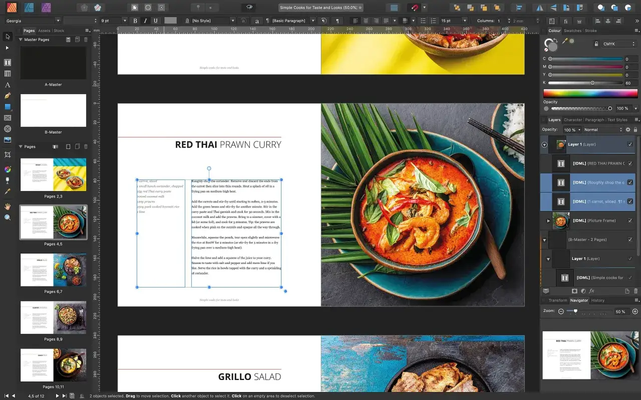 Projektowanie przepisu na curry z krewetkami w Affinity Publisher. Widok panelu warstw i stron.