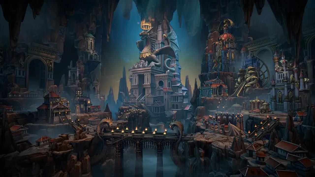 Mroczne podziemia kryjące fantastyczne miasta i zamki, idealne miejsce na przygodę w stylu dungeon crawler. Smoki strzegą mostów i budowli.
