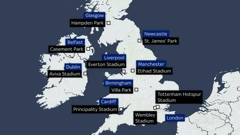 Mapa Wielkiej Brytanii i Irlandii stadiony Euro 2028