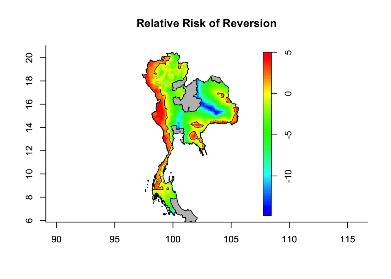 Farbkarte zeigt relative Risiken in Thailand. Rote Bereiche deuten auf ein höheres Risiko für Malaria hin, blaue auf ein geringeres.