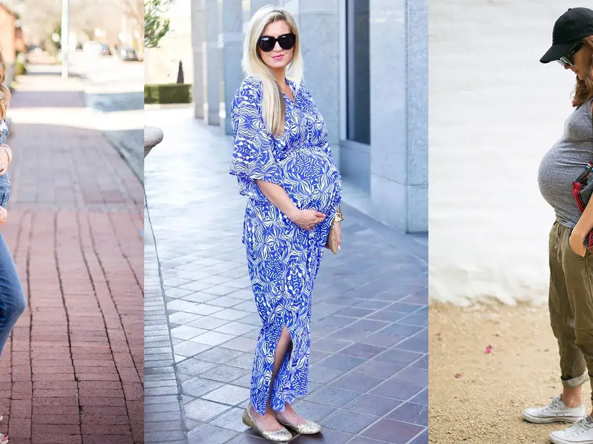 Tres mujeres embarazadas muestran diferentes estilos de moda: jeans, vestido estampado y ropa casual. Ideas de como vestir embarazada.