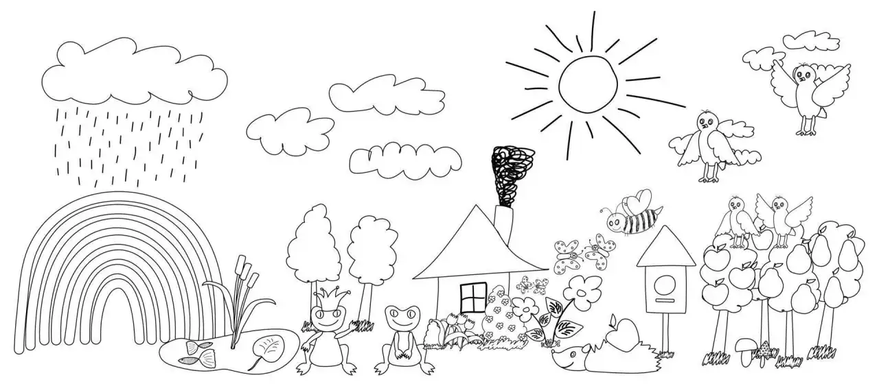 Regenbogen, Sonne, Regen, Haus, Fr&ouml;sche, V&ouml;gel, Bienen, Schmetterlinge und B&auml;ume. Was soll ich malen Kinder?