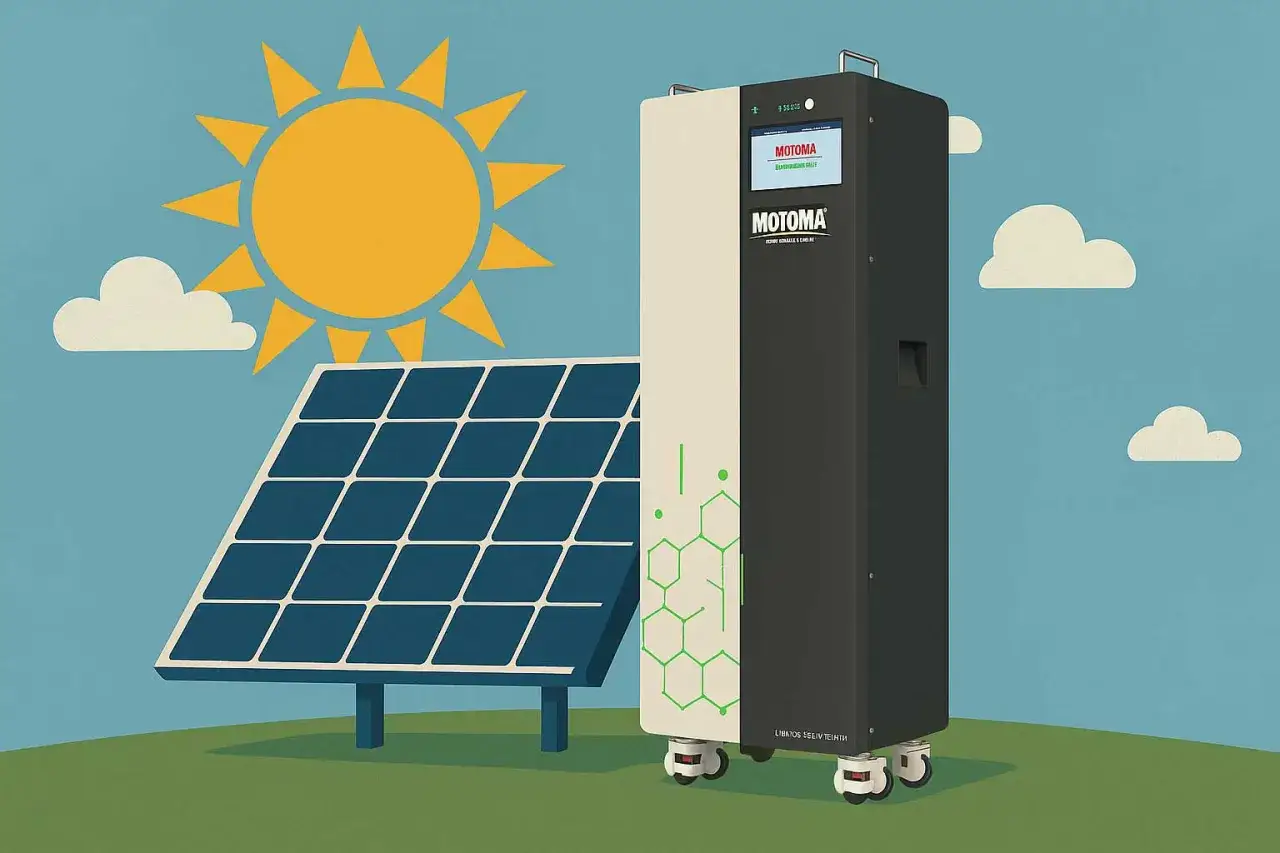 Solceller nyheter: En solpanel och en modern energienhet st&aring;r under en glad sol.