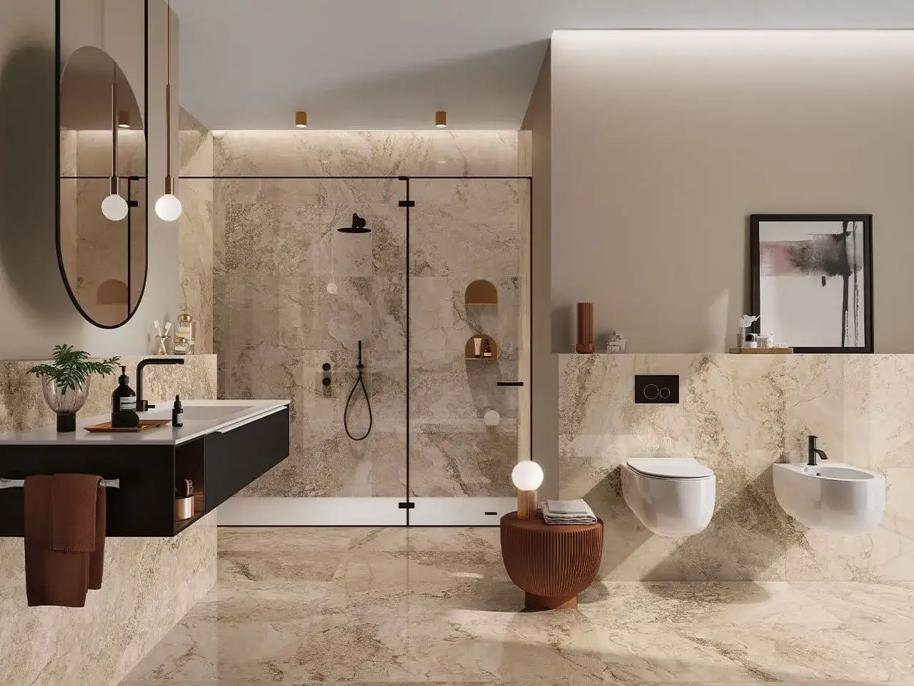 &Eacute;l&eacute;gante et spacieuse, cette grande salle de bain aux tons sable et marbre offre une douche &agrave; l'italienne, un lavabo suspendu et des toilettes modernes.