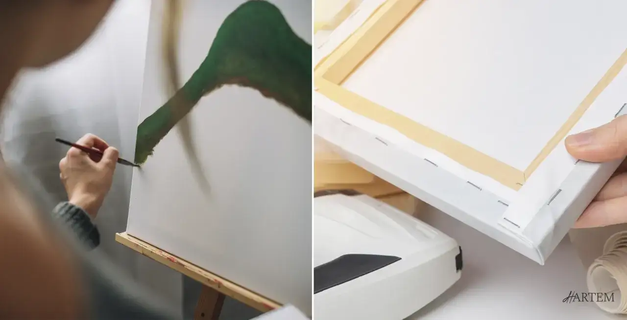 Persona pintando un lienzo verde. A la derecha, se muestra cómo hacer lienzo con grapas y madera.