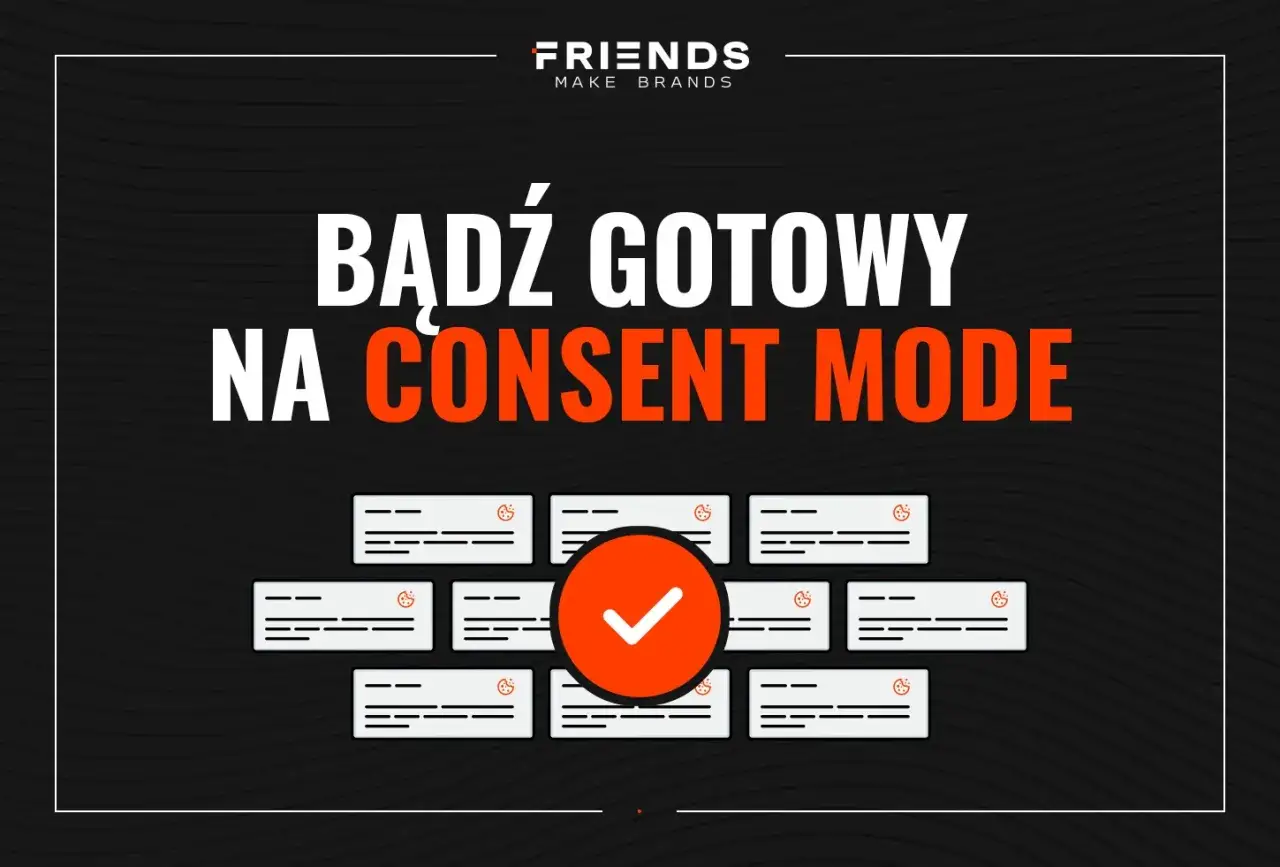 Bądź gotowy na consent mode! Grafika przedstawia hasło i ikony symbolizujące zgody.