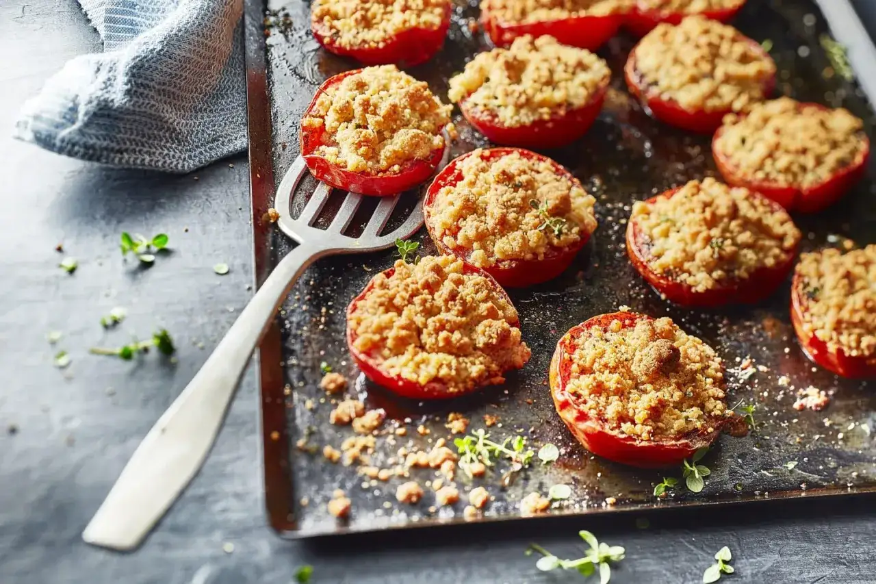 Tomates au four garnies d'une chapelure dorée et d'herbes fraîches, prêtes à être dégustées. Un délice simple et savoureux.