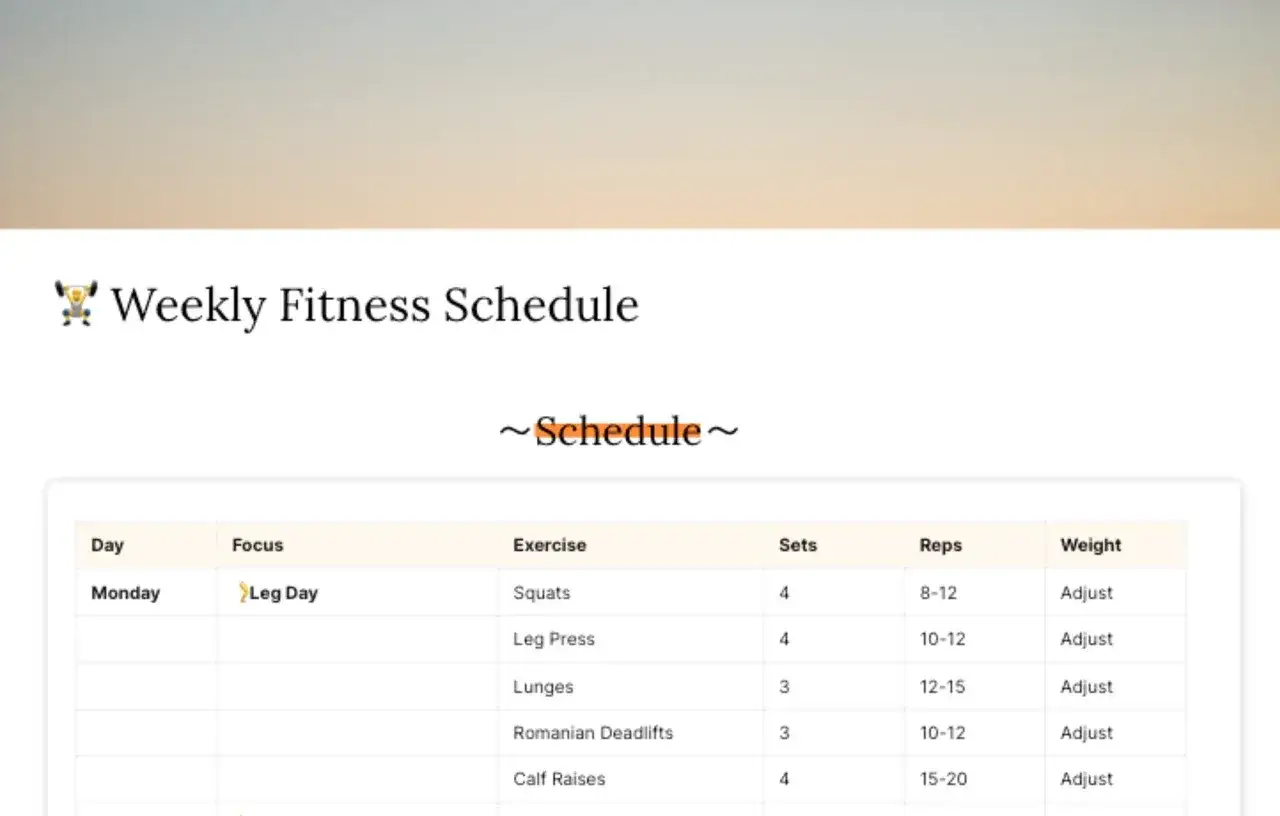 Trainingsplan-Vorlagen kostenlos: Ein Wochenplan mit &Uuml;bungen wie Squats und Leg Press f&uuml;r den Beintag.