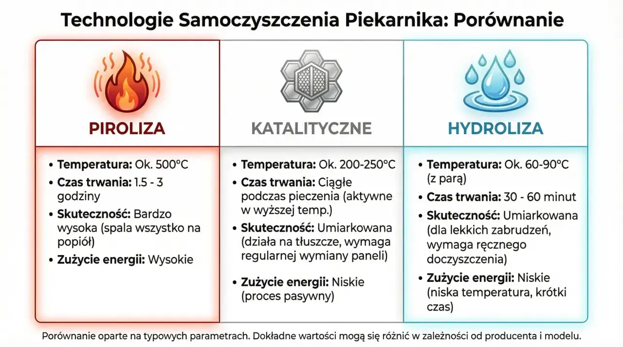 Porównanie technologii samoczyszczenia piekarnika: piroliza (wysoka temperatura, wysoka skuteczność), katalityczne i hydroliza.