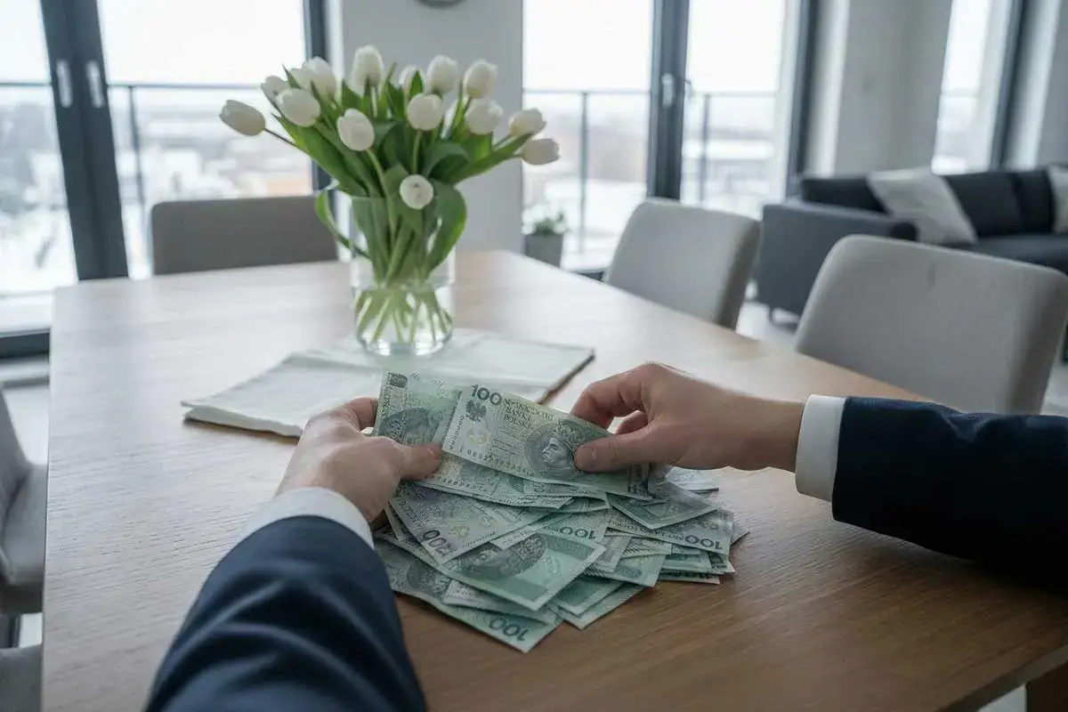 Ręce liczą polskie banknoty na drewnianym stole. Czy komornik może zająć odszkodowanie za uszczerbek na zdrowiu? Bukiet białych tulipanów w wazonie.