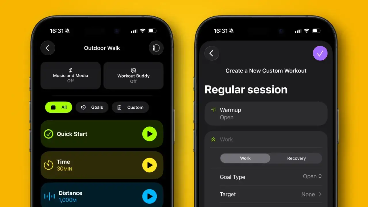 Dwa ekrany iPhone'a z aplikacją Apple Fitness+. Widok 