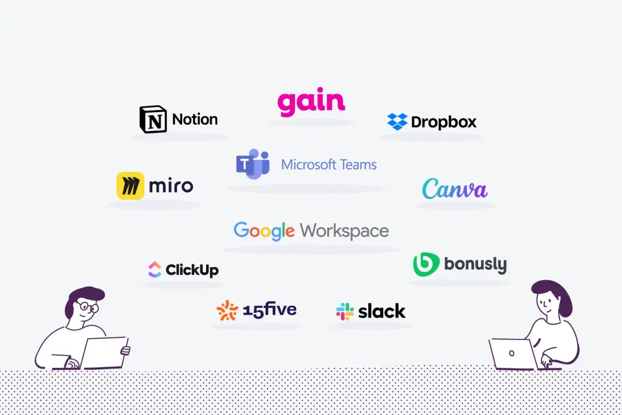 Logos de herramientas de comunicación como Notion, Miro, Microsoft Teams, Google Workspace, Slack, Dropbox, Canva, ClickUp, 15five y Bonusly.
