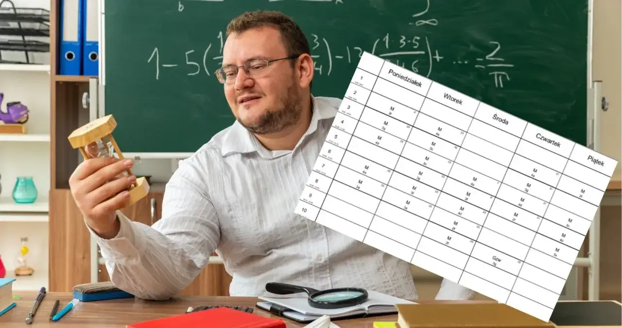 Nauczyciel z charyzmą trzyma klepsydrę, patrząc na plan lekcji.