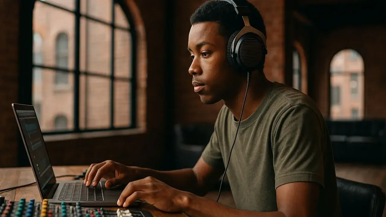 Un jeune homme concentr&eacute; sur son ordinateur portable, casque sur les oreilles, en pleine production musique. Une table de mixage est visible au premier plan.