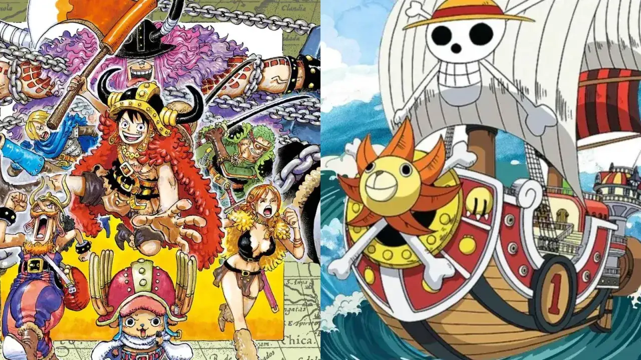 Die One Piece Crew mit Strohhut-Piraten und dem Thousand Sunny Schiff.