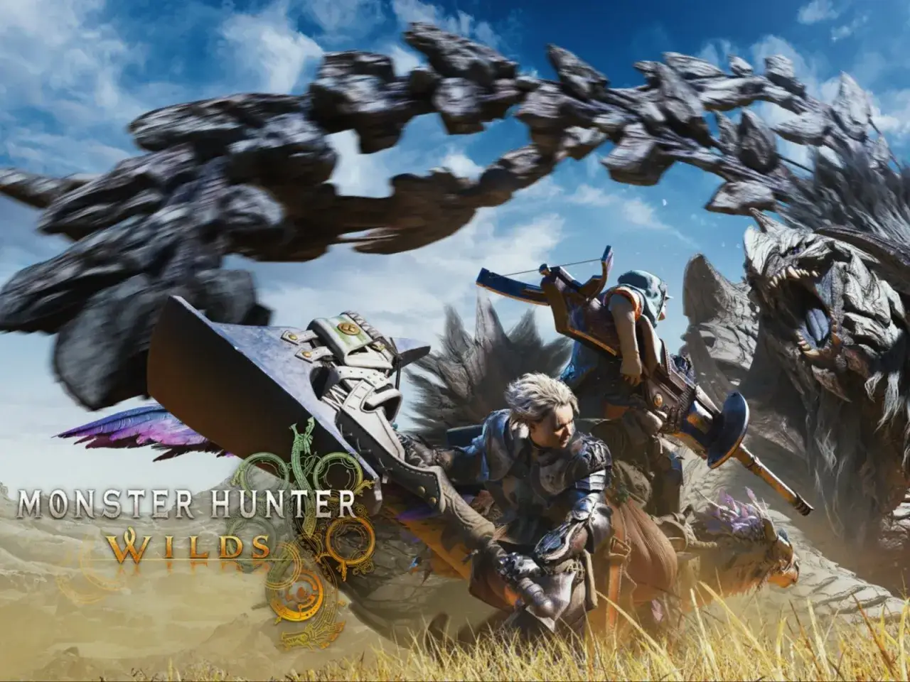Cazadores en acci&oacute;n contra un monstruo colosal en Monster Hunter Wilds. Un guerrero con armadura empu&ntilde;a un hacha gigante, mientras otro apunta con una ballesta.