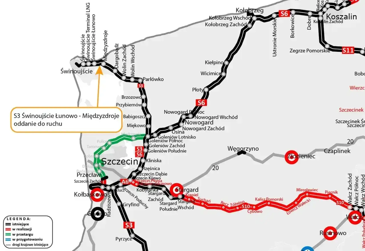 Mapa drogowa z zaznaczoną trasą S3, pokazującą jej przebieg od Świnoujścia do Szczecina i dalej.