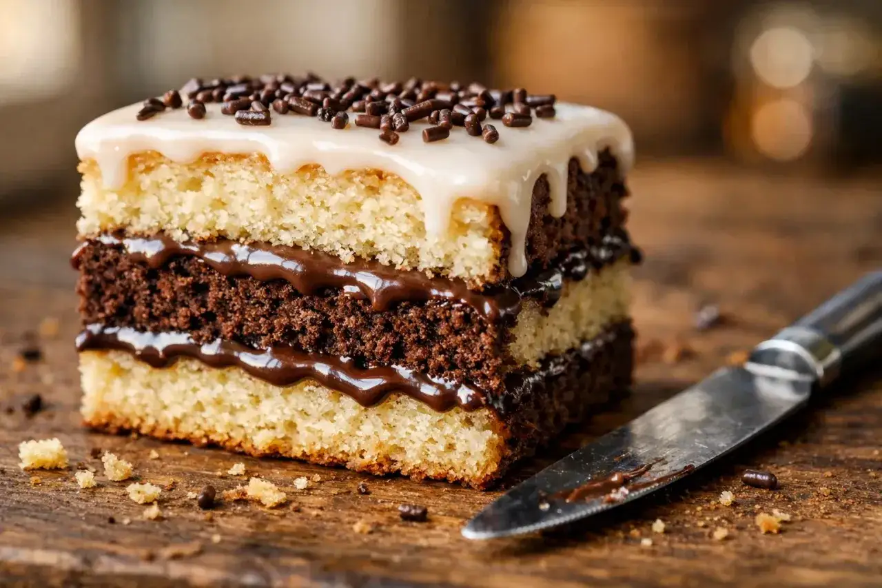 Un d&eacute;licieux napolitain maison, avec ses couches de g&eacute;noise et de chocolat, napp&eacute; de gla&ccedil;age blanc et parsem&eacute; de vermicelles.