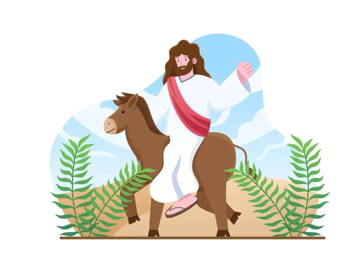 Jesus reitet auf einem Esel, wie in Johannes 12 beschrieben, winkend mit Palmenzweigen im Hintergrund.