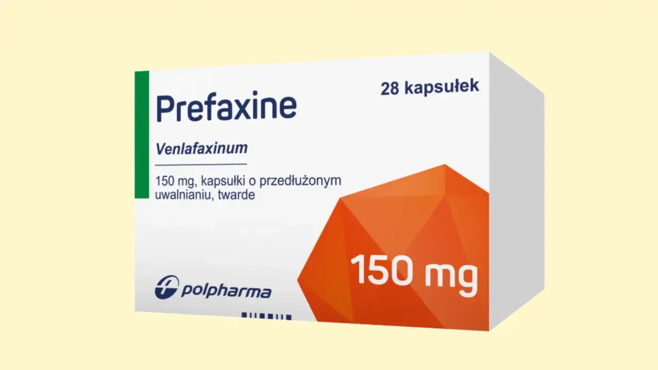 Opakowanie leku Prefaxine z wenlafaksyną 150 mg, 28 kapsułek o przedłużonym uwalnianiu.