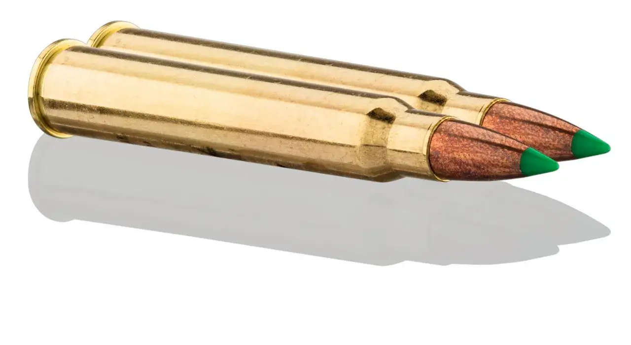 Deux cartouches dorées avec des pointes vertes, évoquant le calibre 30R Blaser balistique.