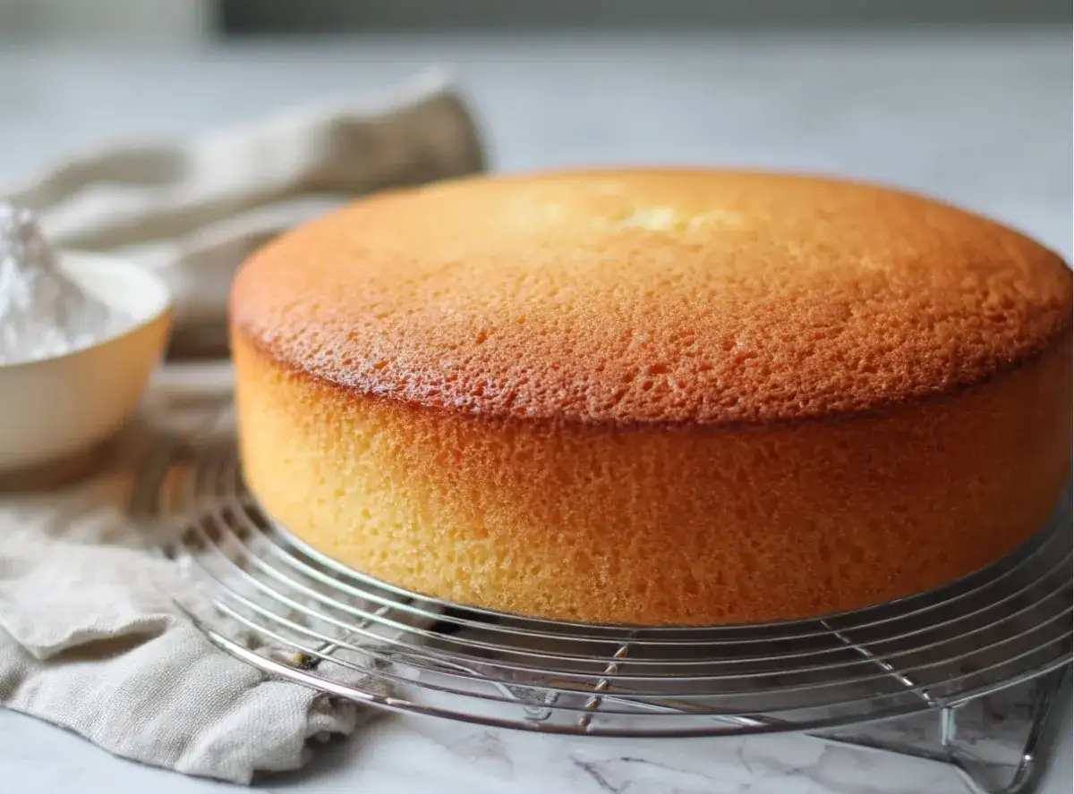 Un délicieux gâteau sans levure, doré et moelleux, posé sur une grille. Une touche de sucre glace est visible dans un bol à côté.