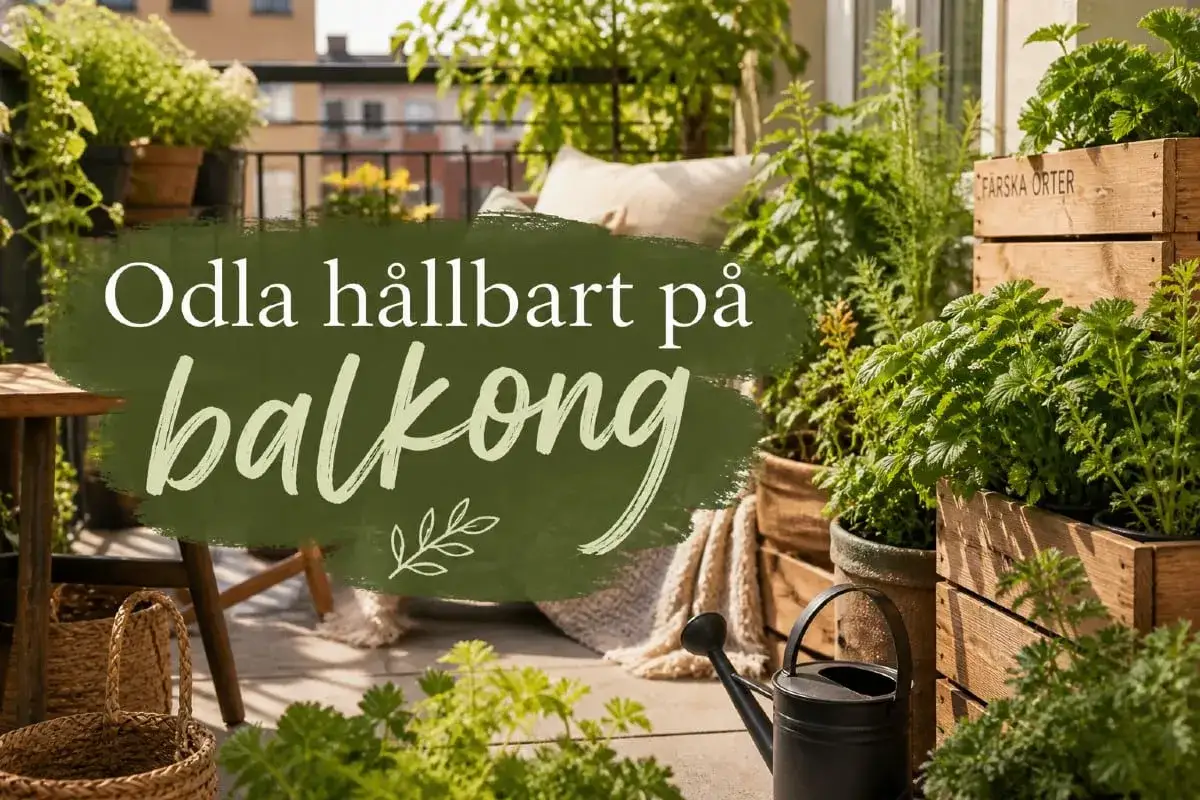En gr&ouml;nskande balkong med m&aring;nga v&auml;xter i krukor och tr&auml;l&aring;dor. En vattenkanna st&aring;r redo f&ouml;r att vattna, och texten 