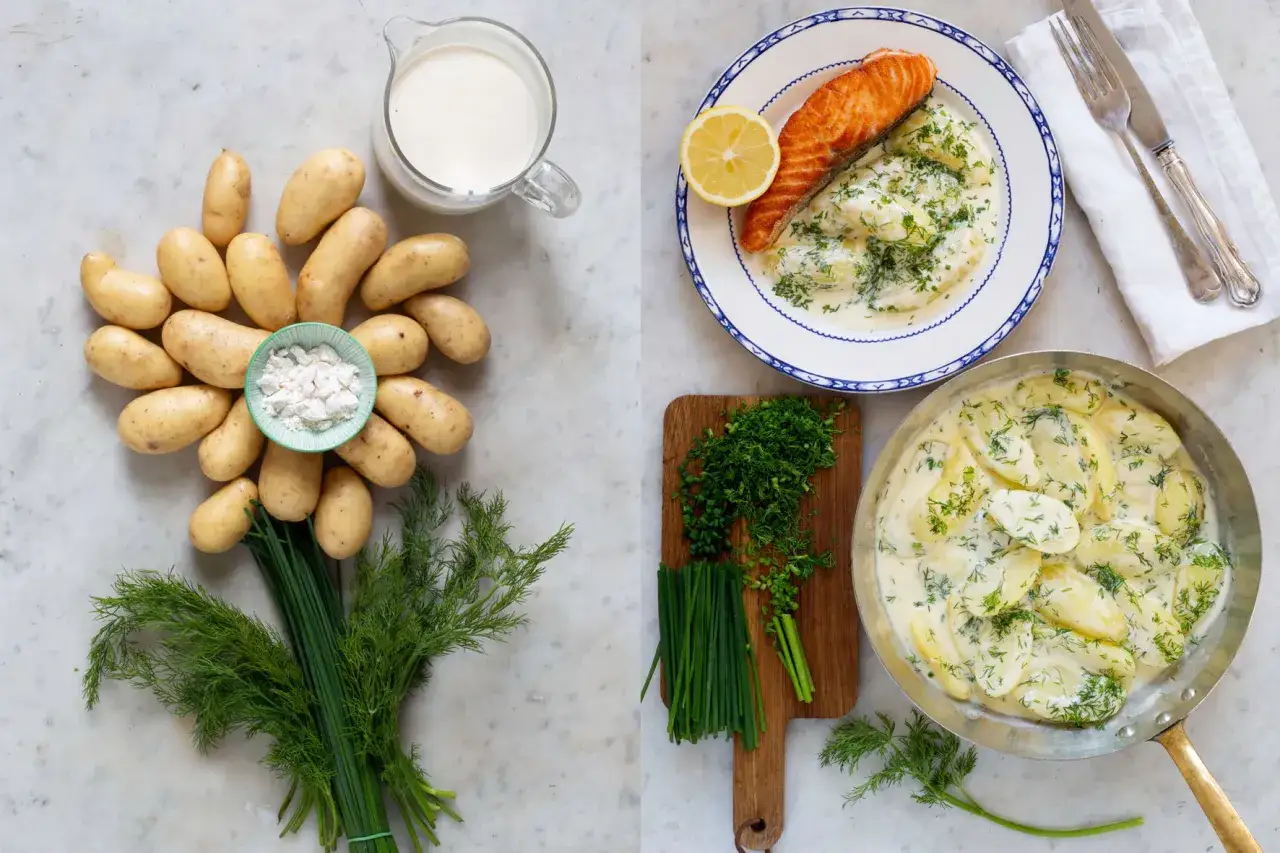 En kr&auml;mig stuvad potatis med dill och gr&auml;sl&ouml;k, redo att serveras med lax.