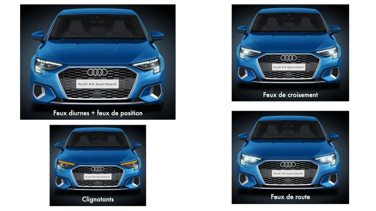 Audi A3 Sportback bleue : feux diurnes, de croisement, de route et clignotants.