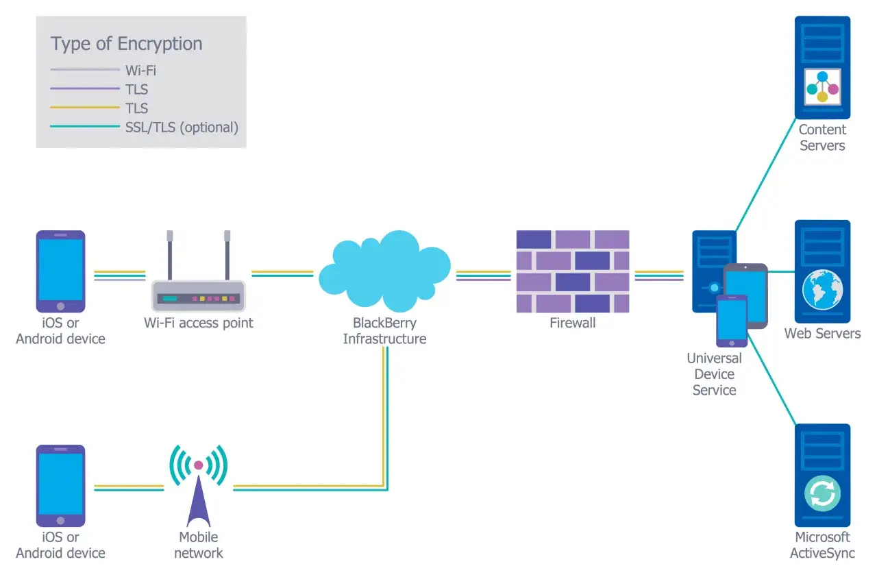 Netzwerkdiagramm zeigt mobile Geräte, Wi-Fi, BlackBerry, Firewall und Server. Alternativen zu VPNs wie TLS und SSL/TLS werden für sichere Verbindungen genutzt.