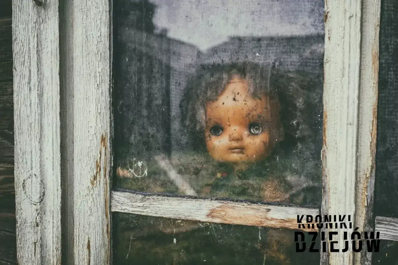 Przerażająca lalka Annabell spogląda przez brudną szybę starego okna.