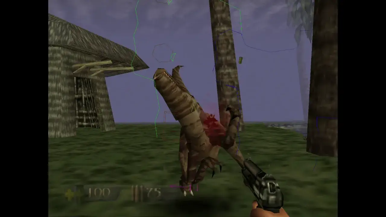 Turok walczy z potworem w dżungli. Widać krew i broń gracza.
