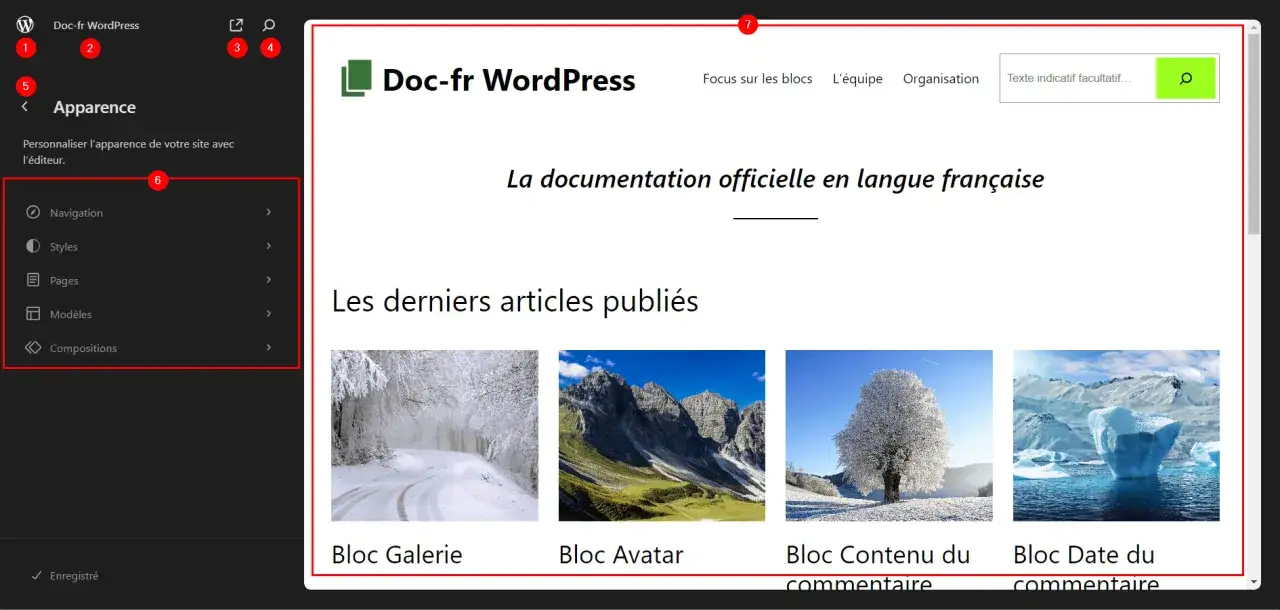 Tableau de bord WordPress : personnalisation de l'apparence. Les derniers articles publiés incluent
