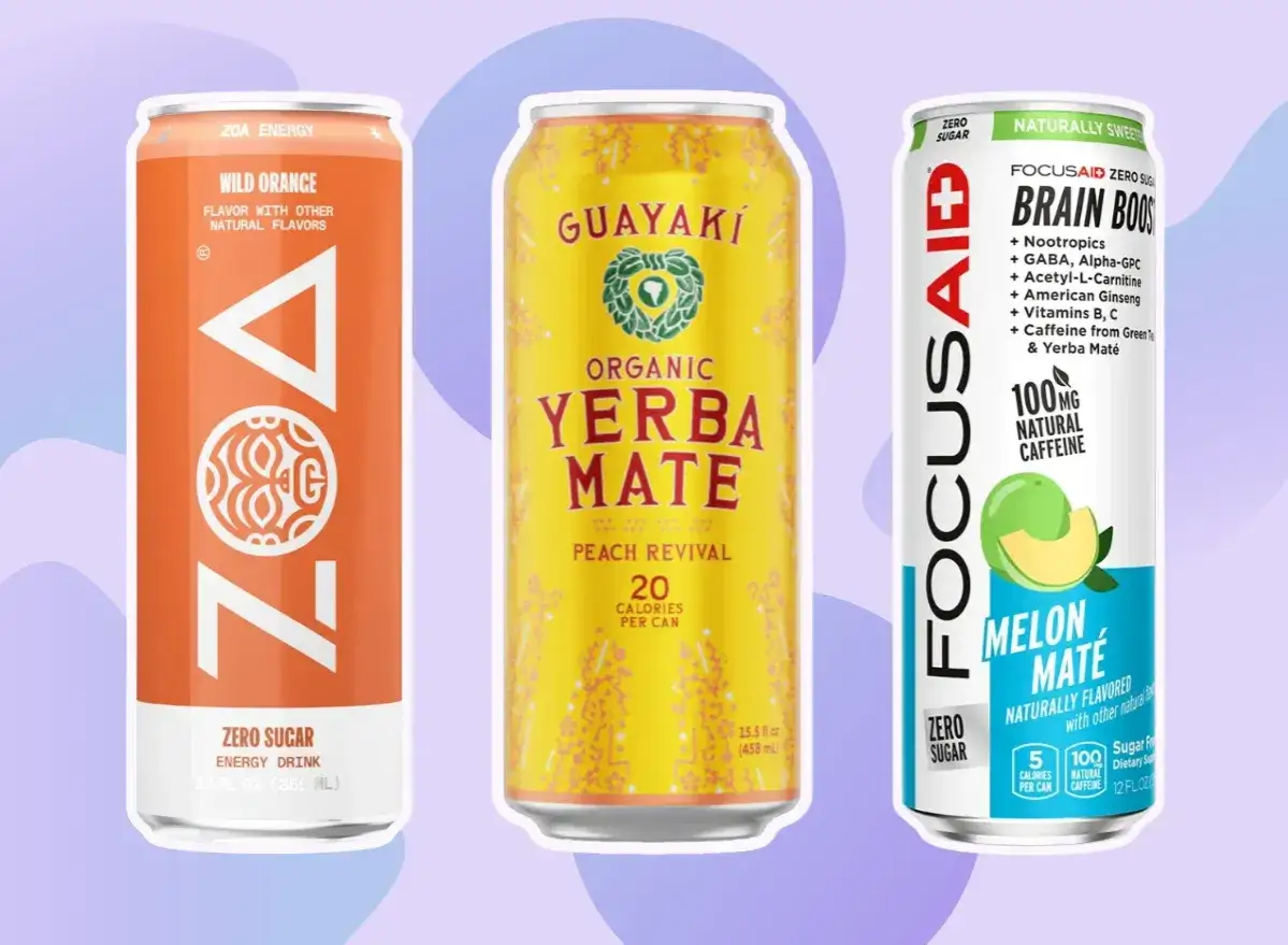 Trzy puszki napojów energetycznych: ZOA Wild Orange, Guayaki Organic Yerba Mate Peach Revival i FocusAid Melon Mate. Idealne co zamiast kawy.