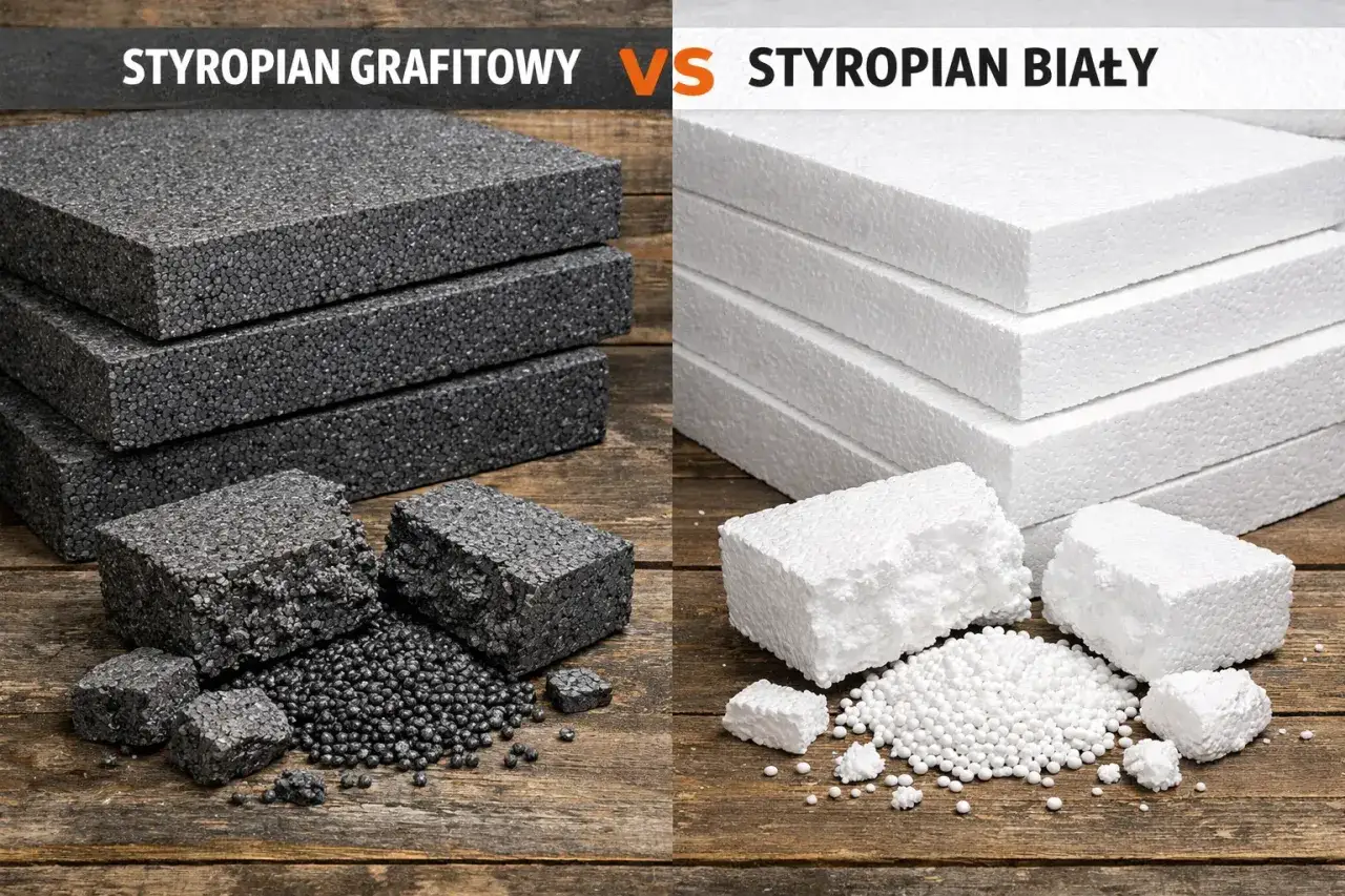 Styropian grafitowy i biały EPS na drewnianym tle. Różne formy i granulaty materiału izolacyjnego.