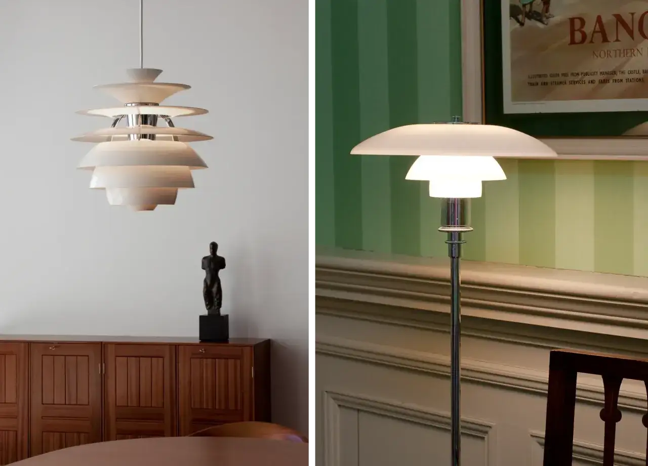 En taklampa och en golvlampa, b&aring;da i Poul Henningsens ikoniska design, lyser upp rummet.