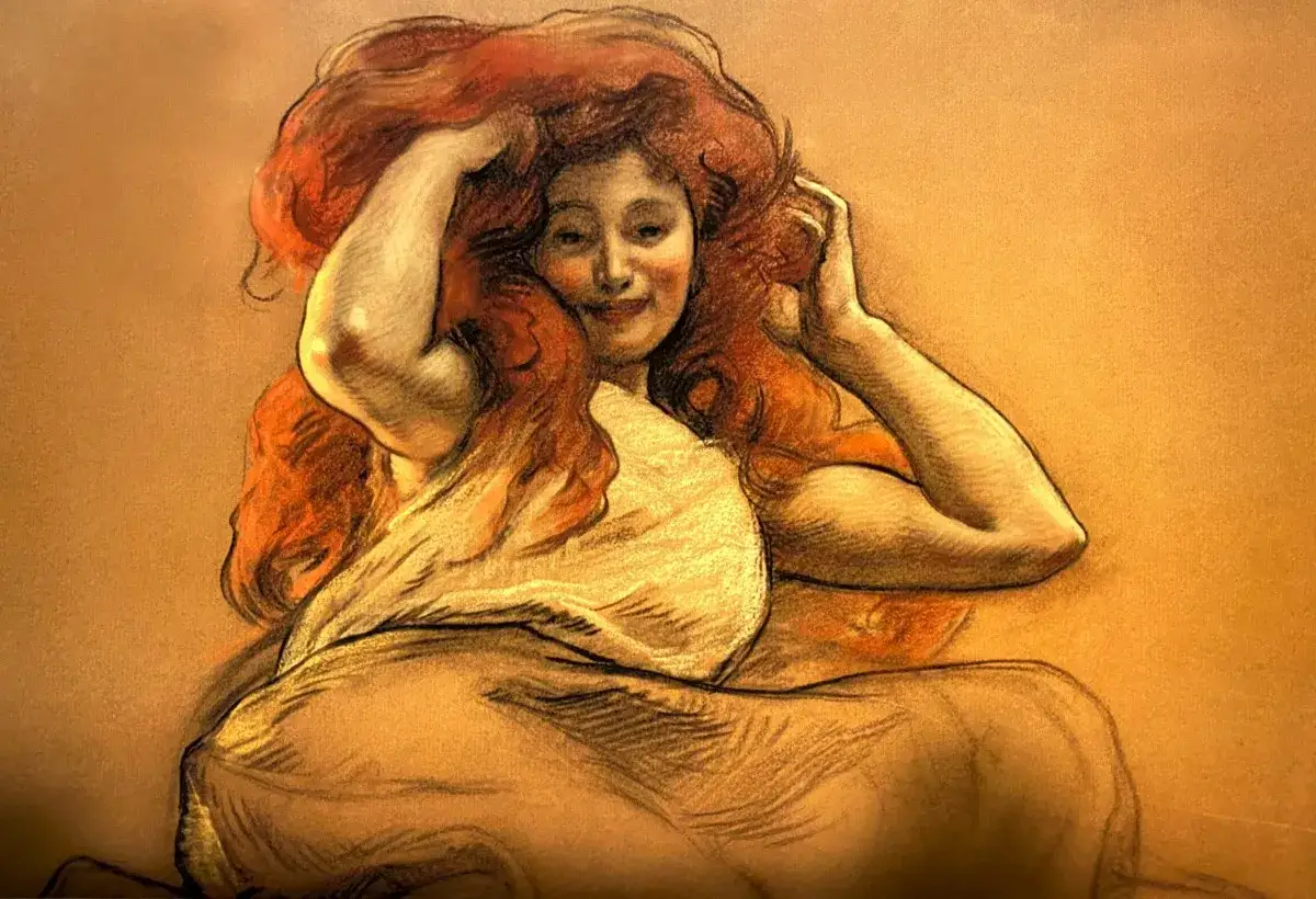 Dessin au fusain et pastel d'une femme aux cheveux roux flamboyants, esquisse pr&eacute;paratoire pour une peinture.