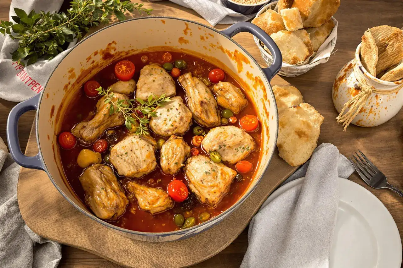 Herzhaftes Poulet Basquaise in einem Topf, mit Tomaten, Oliven und Kr&auml;utern, serviert mit Brot.