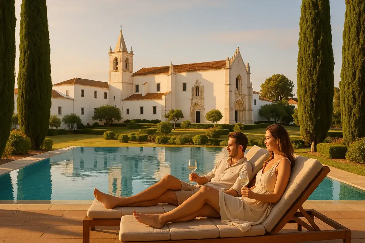 Ein Paar genießt den Sonnenuntergang an einem Pool mit Blick auf ein historisches Gebäude. **Außergewöhnliche Unterkünfte Portugal** – ein Traum wird wahr.