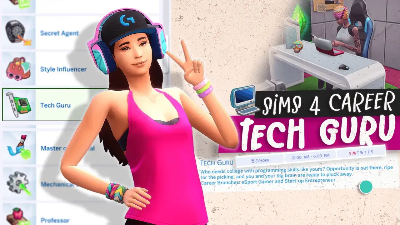 Sims 4: Zostań guru techniki! Młoda Simka w słuchawkach i czapce z logo Logitech pokazuje znak pokoju, gotowa na karierę w IT.