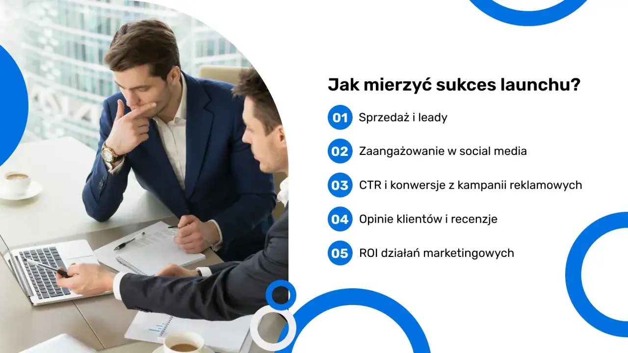 Dwóch mężczyzn analizuje wyniki wprowadzania produktu na rynek: sprzedaż, zaangażowanie w social media, CTR, opinie klientów i ROI.