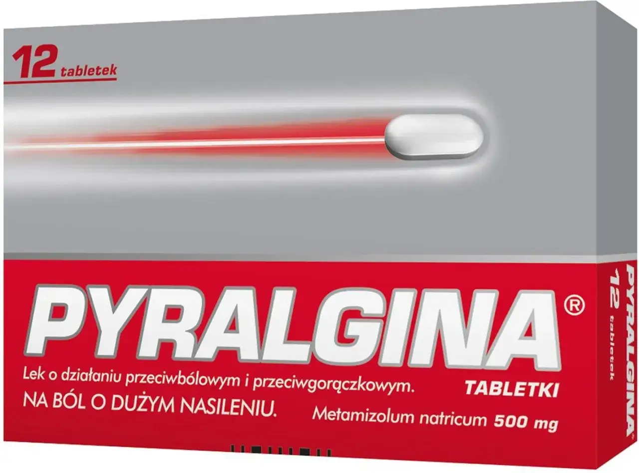 Opakowanie leku Pyralgina z metamizolem, który został wycofany. 12 tabletek na silny ból.
