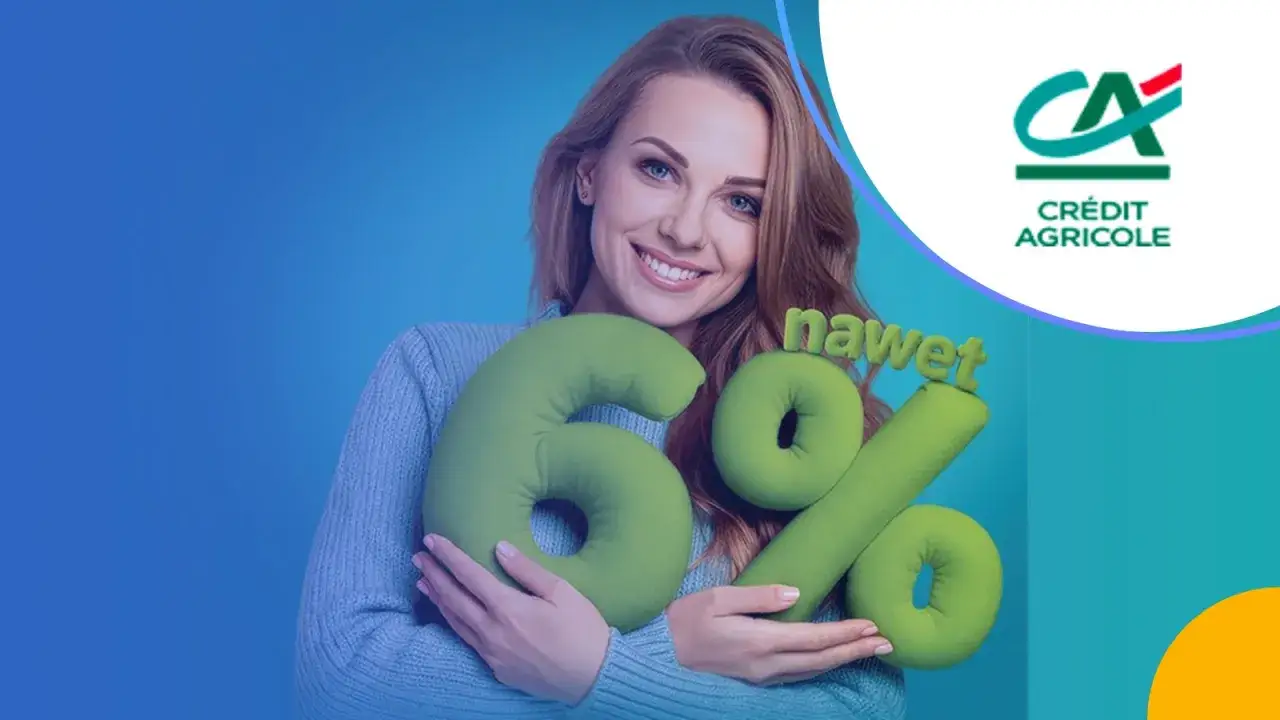 Uśmiechnięta kobieta trzyma zielone poduszki w kształcie cyfry 6 i znaku procent. Logo Crédit Agricole i napis