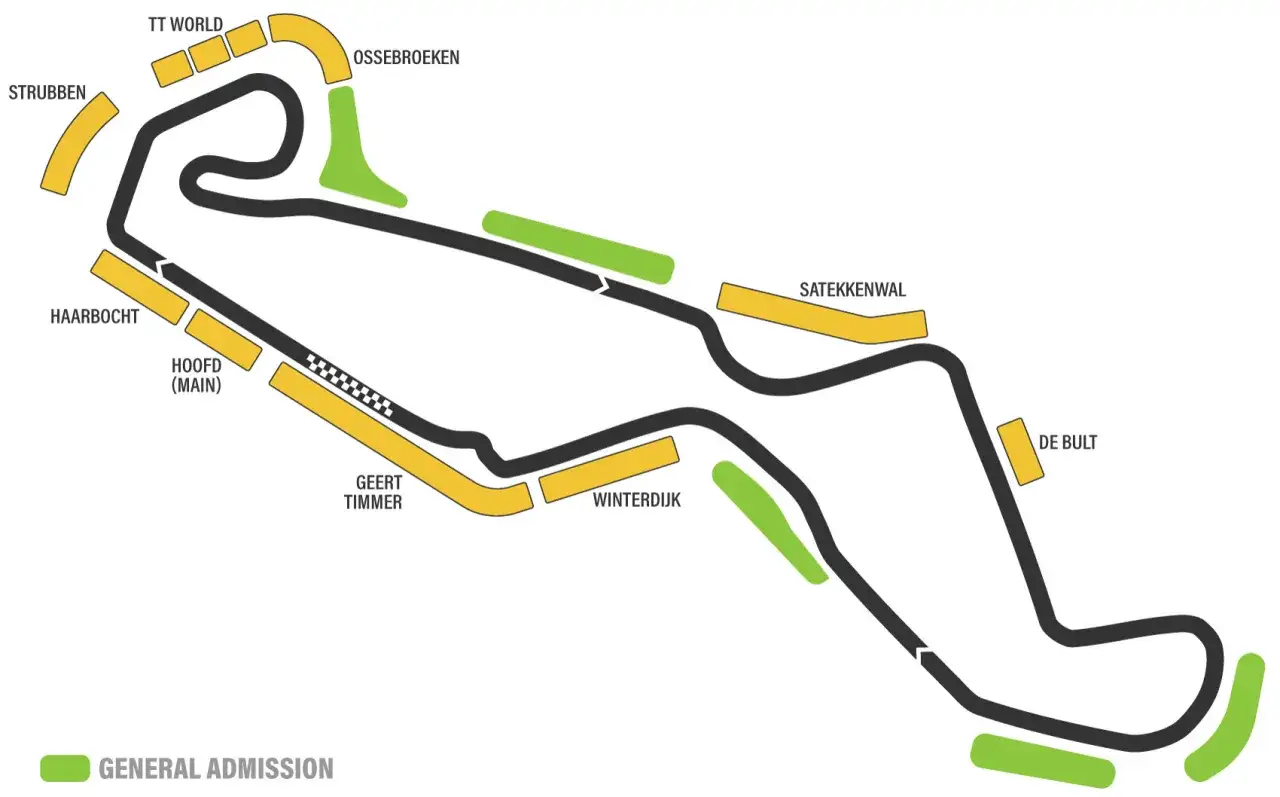 Mapa del circuito de Assen, con zonas de General Admission y tribunas. Ideal para consultar los gp assen horarios.