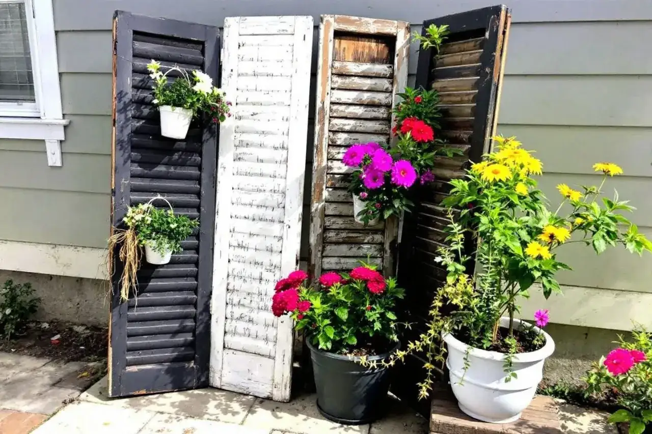 Id&eacute;es cr&eacute;atives pour savoir que faire avec des vieux volets en bois : transform&eacute;s en support pour plantes fleuries, cr&eacute;ant un jardin vertical color&eacute;.